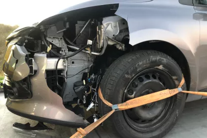 Bigger view of Foto: Een auto, nadat deze in botsing is gekomen met een ree.  (Wildbeheerder Jean van der Horst, op Goeree Overflakkee) (www.ad.nl)Verkeersveilig voor mens ?  Dodelijk voor wild !